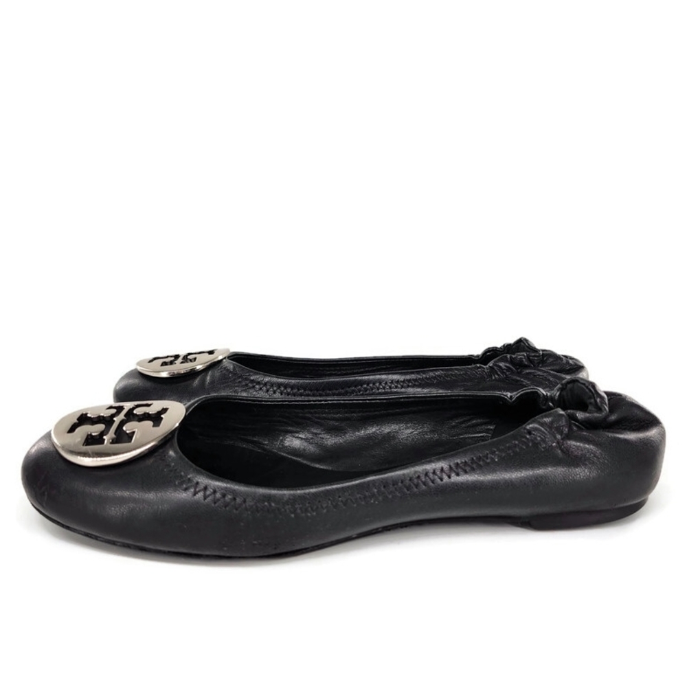 Tory Burch Reva Black Leather Silver-Tone Double-T Medallion Classic Ballet Flat - Picture 2 of 11
